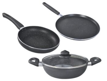 Prestige Omega Deluxe Granite Aluminium 3 Pcs Set- Tawa, Fry Pan & Kadai with 1 Glass Lid|Non-Stick|Spatter-Coated Surface|Induction & Gas Compatible|Black