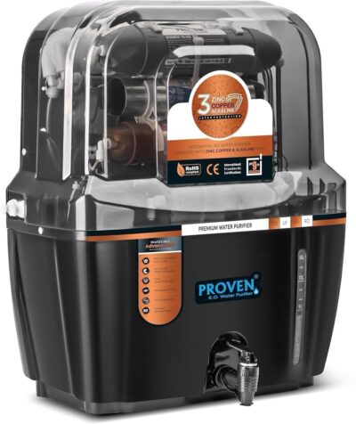 Proven Swift Water Purifier – RO + UV + UF with Copper Zinc Alkaline Technology, TDS Adjuster, 15L Storage Tank, Sleek Black Design, Made in India, ISI | 12 Stage Purification | 1 Year Warranty