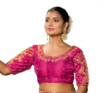 Pujia Mills Women's Readymade Blouse Embroidery Multi Coding maggam Work Sequence Work Indian Ethnic Designer Stitched Readymade Saree Half Sleeve Blouse for Women for Saree Lehenga Choli