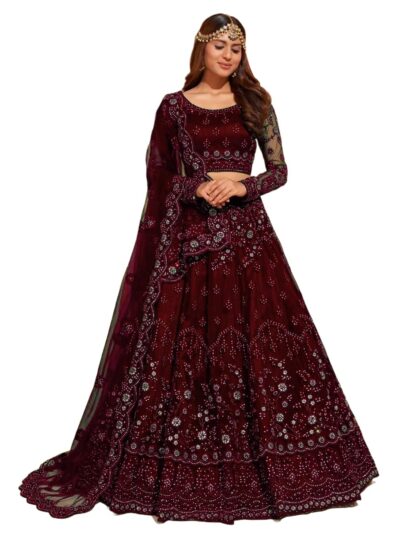 RUKHA FAB Embroidered Semi Stitched Women's Net Chain Stitch Lehenga Choli And Dupatta Set (Free Size)