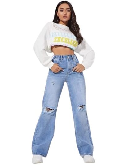 SATPURUSH Women's Regular Solid Mid Rise High Waist Boyfriend Style Wide Leg Bell Bottom Jeans Pant