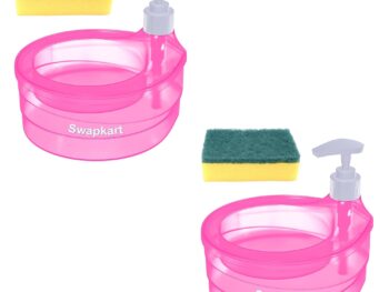 SWAPKART Plastic Pack of 2 Double Layer Soap Dispenser for Bathroom Accessories Dishwasher Liquid Holder Dispenser Pump with Sponge Holder Kitchen Sink Accessories Items (Pink)