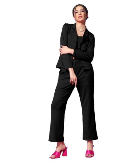 Selvia Women's Pink Lycra Solid Three Piece Blazer Co-Ord Set