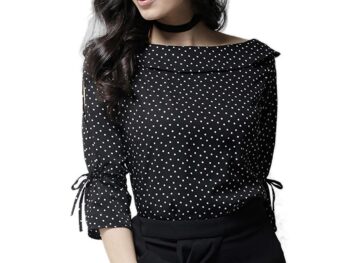 Style Quotient Women Navy and Coral Polka Printed polycrepe Smart Casual top