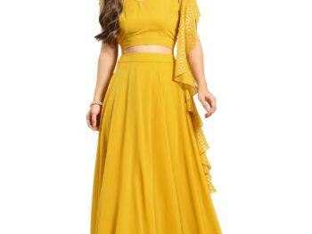 TRENDMALLS Women's Georgette Lehenga Choli Crop Top With Foil Print Dupatta (L254-Yellow, Semi stitched)