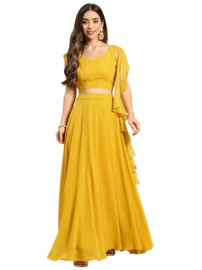 TRENDMALLS Women's Georgette Lehenga Choli Crop Top With Foil Print Dupatta (L254-Yellow, Semi stitched)