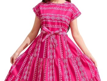 Textile Fab Teen Girl Woven Geometric Printed Graphic Strap Casual Dress