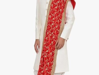 Traditional Men's Wedding Sherwani with Red Velvet Dupatta, White Kurta Set, Indian Ethnic Wear