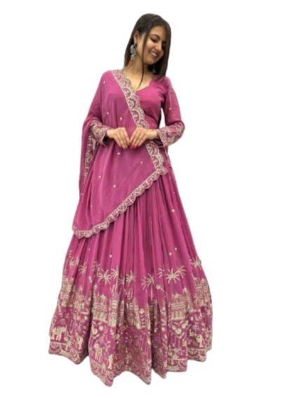 Tyche Purnaa Veda Georgette Embroidery Work Semi-Stitched Lehenga Choli for Women with Dupatta (PINK)