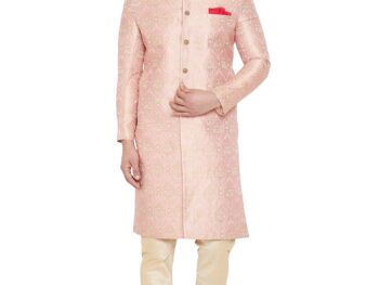 VASTRAMAY Men Men's Pink And Gold Silk Blend Sherwani Set
