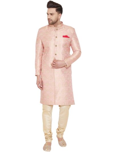 VASTRAMAY Men Men's Pink And Gold Silk Blend Sherwani Set