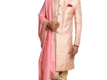 VASTRAMAY Men's Pink And Gold Silk Blend Sherwani Set - A Set Of Brocade Sherwani And Pyjama With Dupatta