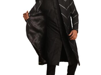VASTRAMAY Mirror Work Front Open Sherwani Set with Pant Style Pyjama for Men – Elegant Ethnic Wear for Weddings & Festivals