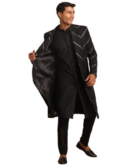 VASTRAMAY Mirror Work Front Open Sherwani Set with Pant Style Pyjama for Men – Elegant Ethnic Wear for Weddings & Festivals