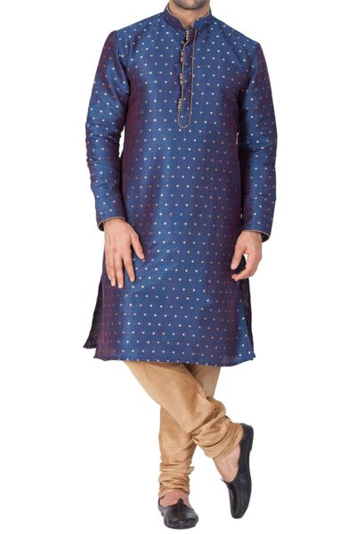 VASTRAMAY VM Mens Silk Blend Egyptian Kurta Pyjama Set - Classic Ethnic Attire for Timeless Style and Cultural Celebrations | Jacquard Woven Zari work with shimmer piping full sleeves Kurta
