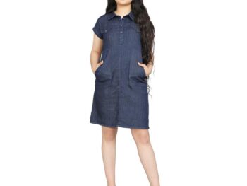 VYN Denim Stylish Collared Half Sleeve Comfortable Dress Double Pockets Dresses for Teen Girls Knee Short Length Dress Party and Casual