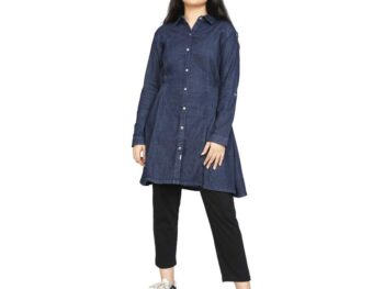 VYN Solid Denim Stylish Collared Full Sleeve Comfortable Shirt Dress for Teen Girls Knee Short Length Dress Party and Casual
