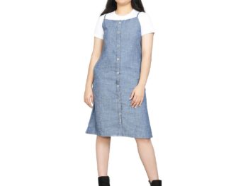 VYN Solid Denim Stylish Half Sleeves Square Neck Front Open Comfortable Cami Dress with 2 Pocket for Teen Girls Knee Short Length Dress Party and Casual