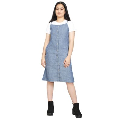 VYN Solid Denim Stylish Half Sleeves Square Neck Front Open Comfortable Cami Dress with 2 Pocket for Teen Girls Knee Short Length Dress Party and Casual