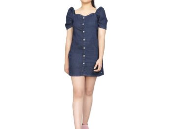 VYN Solid Stylish Comfortable Pure Cotton Denim Mini Short Bodycon Dress with Puff Sleeve Knee Length Front Open Design Mini Skater for Girl's Party, Daily & Casual Wear Outfit for Teen Girls