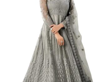 WEDDING SUTRA Women's Designer Gown with Dupatta (Free Size_Grey)
