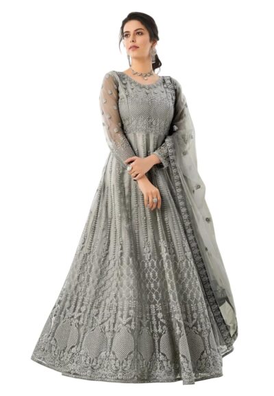 WEDDING SUTRA Women's Designer Gown with Dupatta (Free Size_Grey)