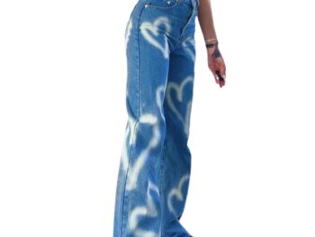 Women's High Waist Heart Print Wide Leg Loost Fit Vintage Boyfriend Jeans Teen Girls Streetwear Denim Pants