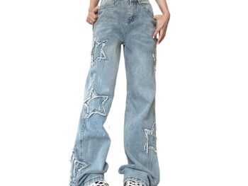 Womens Trendy High Waist Wide Leg Y2K Jeans Aesthetic Star Pants Teen Girls Boyfriend Loose Fit Star Embroidery Jeans