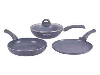Wonderchef Granite Nonstick 4 Piece Cookware Set(Frying Pan with Lid, Wok, Dosa Tawa), Induction Bottom, Soft-Touch Handles, Pure Grade Aluminium, PFOA, 3.5mm, 2 Years Warranty (Grey)