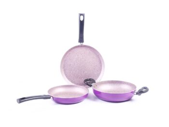 Wonderchef Valencia Non-Stick Cookware 3 Piece Set | Kadhai, Fry Pan, Dosa Tawa | Cool Touch Bakelite Handles | Pure Grade Aluminium| PFOA Free| 2 Years Warranty | Purple