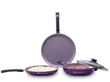 Wonderchef Valencia Non-Stick Cookware 4 Piece Set | Kadhai with Lid 24 cm, Fry Pan 24 cm, Dosa Tawa 28 cm | Pure Grade Aluminium| PFOA Free| 2 Years Warranty | Purple