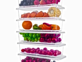 Xiran 6 Fridge Storage Boxes Fridge Organizer with Removable Drain Plate and Lid Stackable Fridge Storage Containers Plastic Freezer Storage Containers for Fish, Meat, Vegetables, Fruits(1500ML)