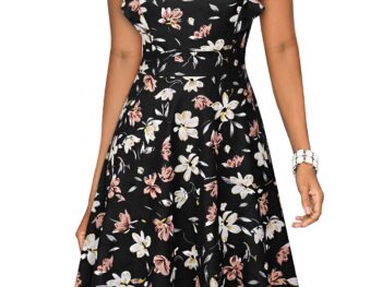 YATHON Women's Vintage Ruffle Floral Flared A Line Swing Casual Cocktail Party Dresses