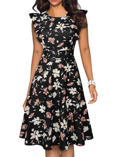 YATHON Women's Vintage Ruffle Floral Flared A Line Swing Casual Cocktail Party Dresses