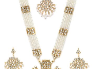 ZAVERI PEARLS Antique Gold Tone Long Kundan & Pearls Bridal Necklace, Earring & Maangtikka Set For Women-ZPFK9802