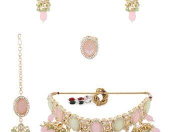 ZAVERI PEARLS Pink Green Stones Beads Kundan Necklace Earring Ring & Maangtikka Set For Women-ZPFK15376