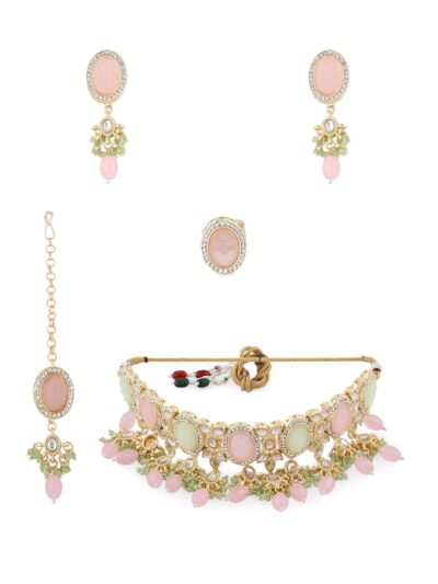 ZAVERI PEARLS Pink Green Stones Beads Kundan Necklace Earring Ring & Maangtikka Set For Women-ZPFK15376