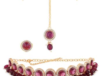 ZAVERI PEARLS Wine Color Stones & Cluster Beads Choker Necklace Earring Maangtikka & Ring Set For Women-ZPFK14598