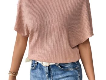 Zilcon Women Fashion Fall Batwing Half Sleeve Shirts Boat Neck Oversized Tunic Tops Casual Waffle Knit Shirts Tops for Women