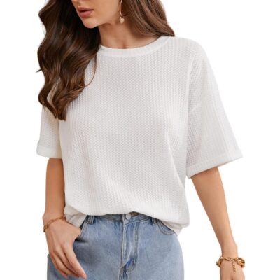 Zilcon Women Fashion Waffle Round Neck Top Half Sleeves Oversized Women Tops |Tops for Woman | Women Fashion |top for Women Stylish Western