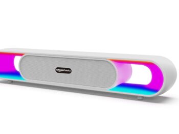 amazon basics SB18R 18W Bluetooth Soundbar with 2000 mAh Battery | 2X Bass | Up to 8 hrs of Playback | RGB LED Lights | Bluetooth 5.3, Aux & USB Connectivity (White)