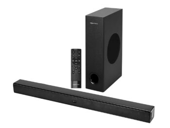 amazon basics Soundbar with Wired Subwoofer, 90W RMS, 2.1 Channel, Remote Control, BT v5.3, HDMI (ARC Cable), Optical, Aux, USB, Compatible with TV, Smart Phones, Tablets, PCs (Black)