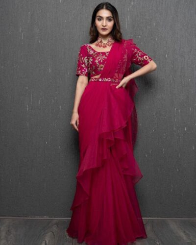 infabzon Ready To Wear Lehenga Saree & Belt Set For Women Bollywood Style Apple Organza Silk Fabric On Fully Stitched Embrodery Sequance Work