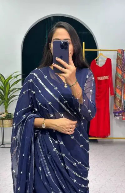 infabzon Ready To Wear Lehenga Saree For Women Bollywood Style Faux Georgatte Fabric On Fully Stitched With Embrodery Moti Work